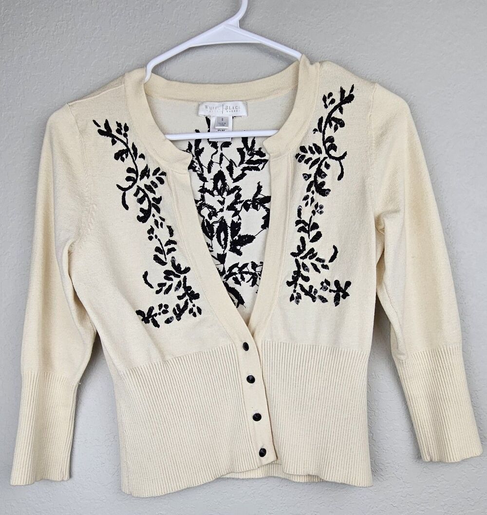 White House Black Market WHBM Women's Small Cream Black Cardigan Silk Cotton